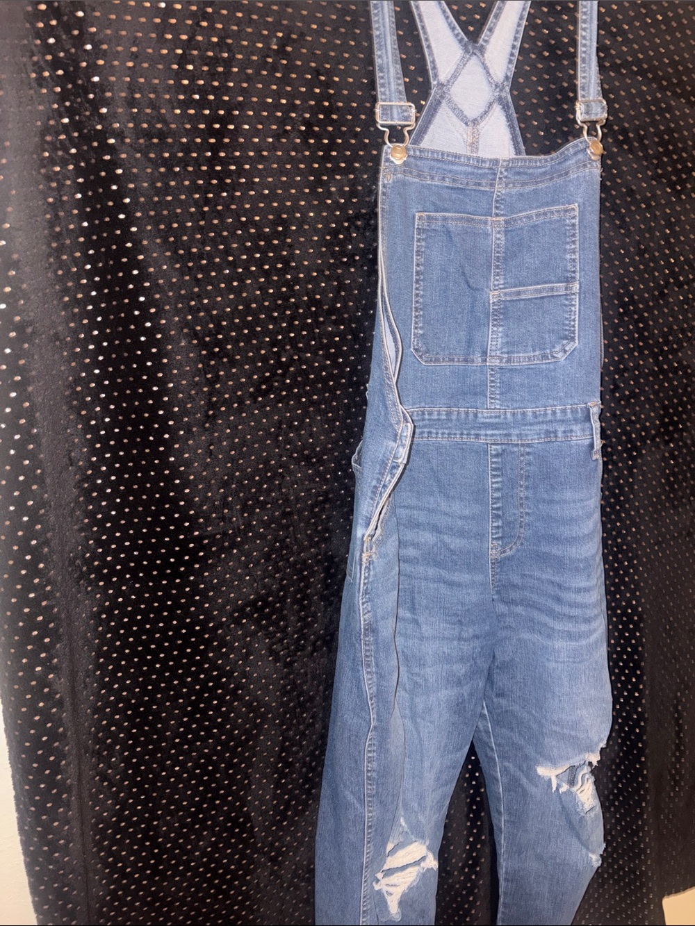 Celebrity Pink Blue Skinny Denim Overalls with Distressed Knees